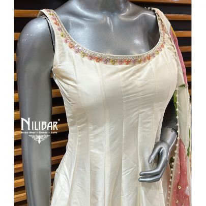 Cream White Silk Anarkali Suit With Pants