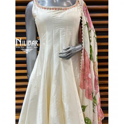 Cream White Silk Anarkali Suit With Pants