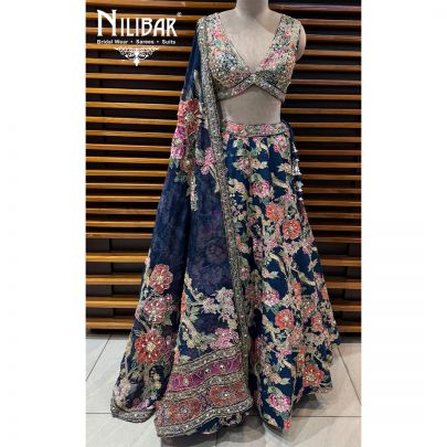 Moon Blue Net Floral Crop Choli & Lehenga Paired With Dupatta
