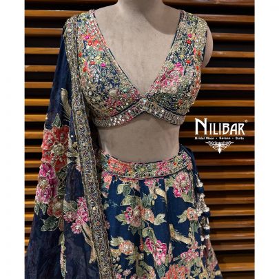 Moon Blue Net Floral Crop Choli & Lehenga Paired With Dupatta