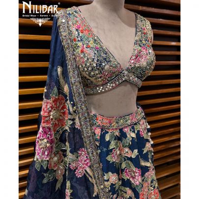 Moon Blue Net Floral Crop Choli & Lehenga Paired With Dupatta