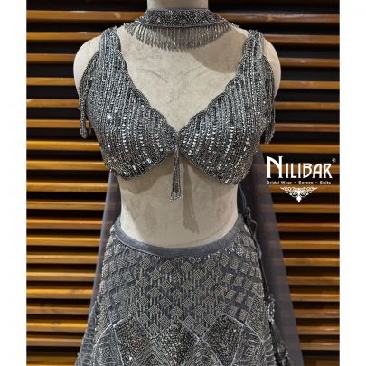 Grey & Silver Net Crop Choli Paired With Lehenga & Dupatta