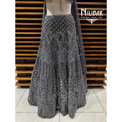 Grey & Silver Net Crop Choli Paired With Lehenga & Dupatta