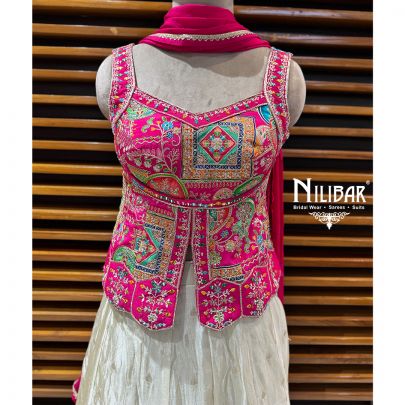 Hot Pink & Ivory Silk Short Choli Paired With Lehenga & Chinnon Dupatta