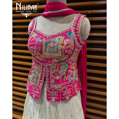 Hot Pink & Ivory Silk Short Choli Paired With Lehenga & Chinnon Dupatta