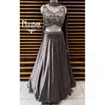 Metallic Grey Silk Crop Choli Paired With Lehenga & Dupatta