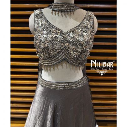 Metallic Grey Silk Crop Choli Paired With Lehenga & Dupatta