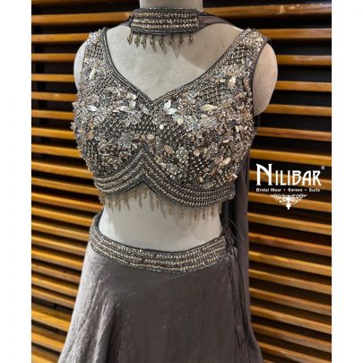 Metallic Grey Silk Crop Choli Paired With Lehenga & Dupatta