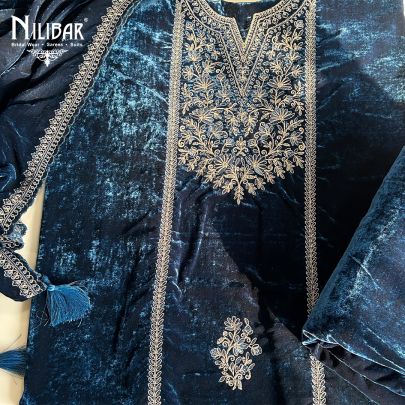 Peacock Blue Velvet Unstitched Suit