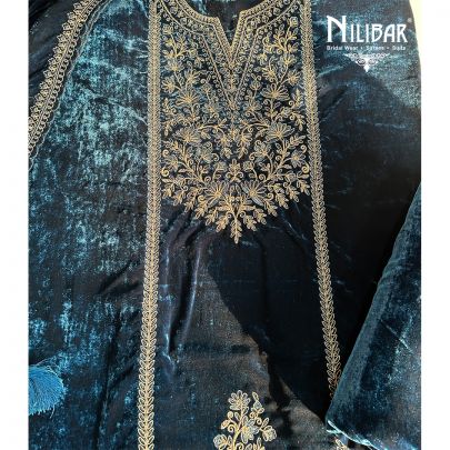 Peacock Blue Velvet Unstitched Suit