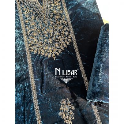 Peacock Blue Velvet Unstitched Suit