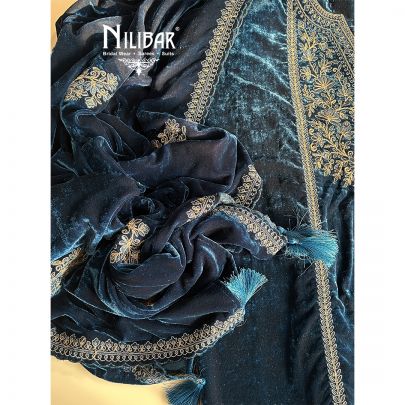 Peacock Blue Velvet Unstitched Suit