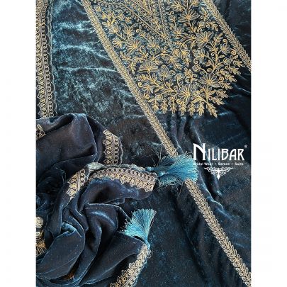 Peacock Blue Velvet Unstitched Suit