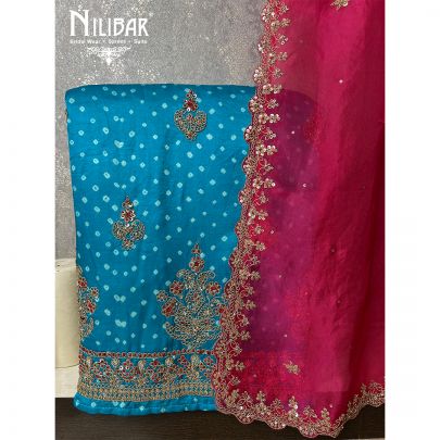 Sky Blue Magenta Satin Unstitched Suit