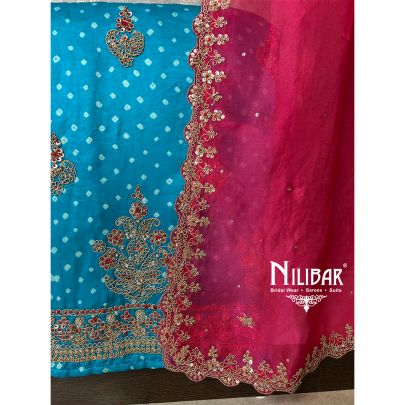 Sky Blue Magenta Satin Unstitched Suit