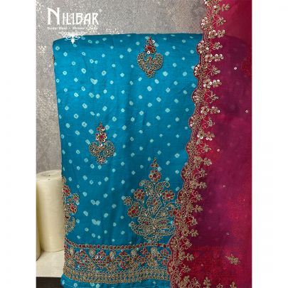 Sky Blue Magenta Satin Unstitched Suit