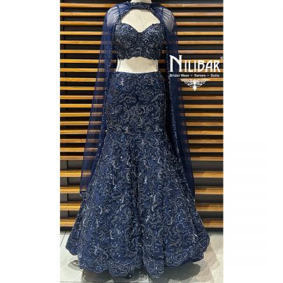 Deep Blue Net Lehenga