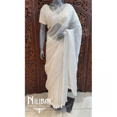 Ivory Organza Embroidered Saree