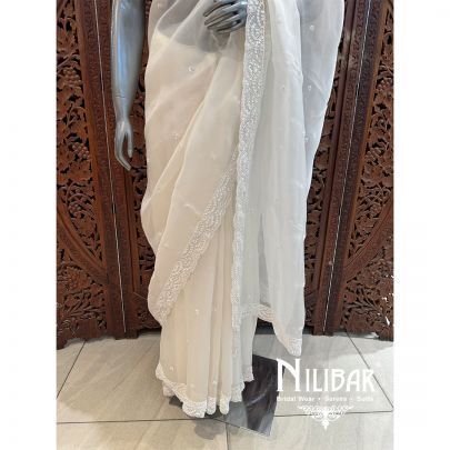 Ivory Organza Embroidered Saree