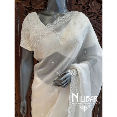 Ivory Organza Embroidered Saree