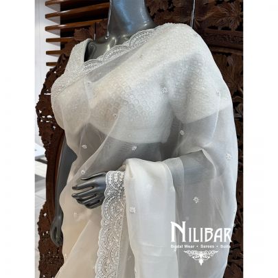 Ivory Organza Embroidered Saree