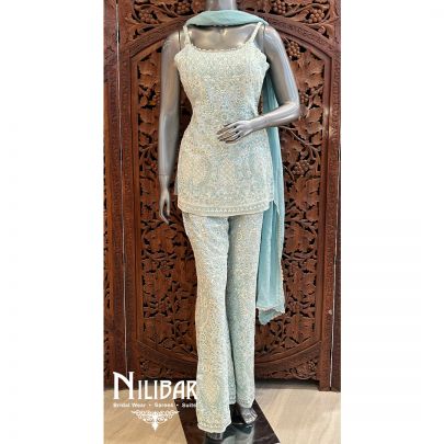 Sky Blue Short top With Bell Bottoms Indo Western