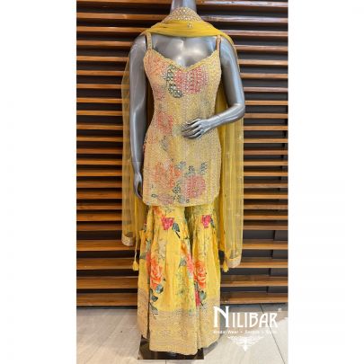 Yellow Chinon Embroidered Garara Suit