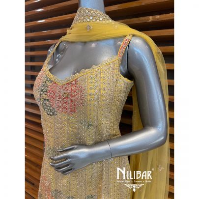 Yellow Chinon Embroidered Garara Suit