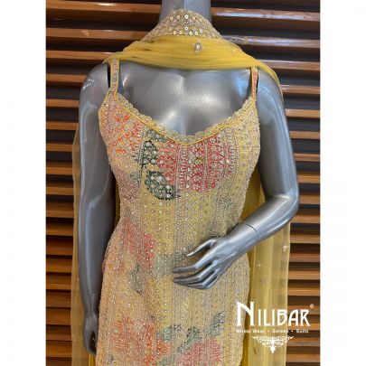Yellow Chinon Embroidered Garara Suit