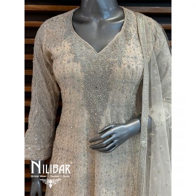 Cream Georgette Embroidered Palazzo Suit