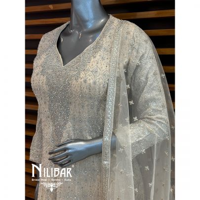 Cream Georgette Embroidered Palazzo Suit