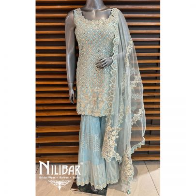 Blue Silk Embroidered Garara Suit