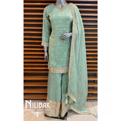 Green Lame Embroidered Palazzo Suit