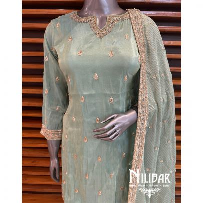 Green Lame Embroidered Palazzo Suit
