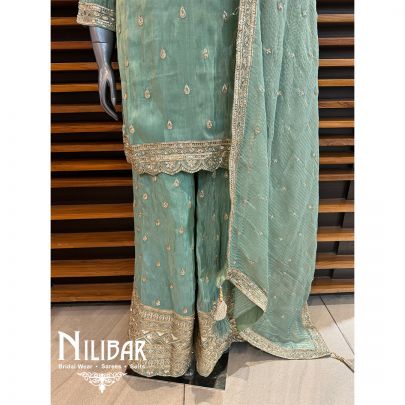 Green Lame Embroidered Palazzo Suit