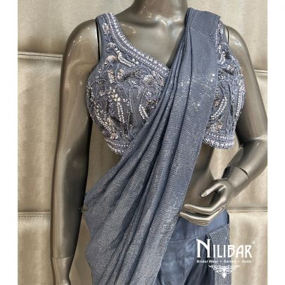 Gray Crepe Drape With Sharara Suit