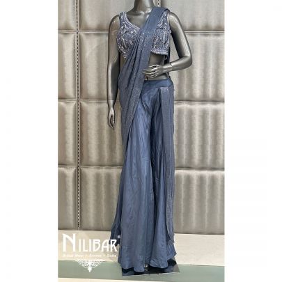 Gray Crepe Drape With Sharara Suit