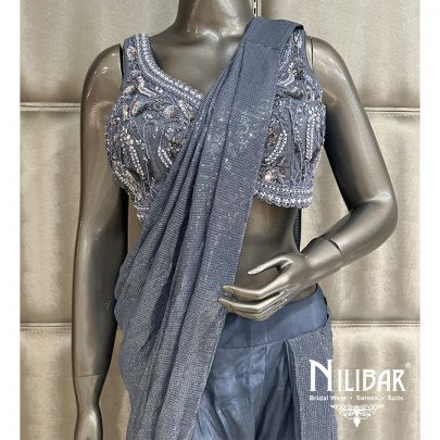 Gray Crepe Drape With Sharara Suit