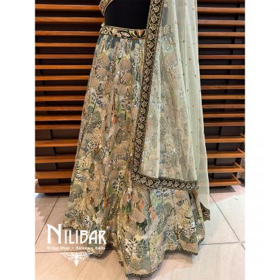 Green Silk Printed Lehenga