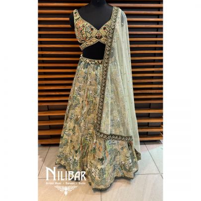Green Silk Printed Lehenga