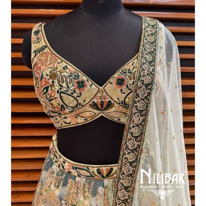 Green Silk Printed Lehenga
