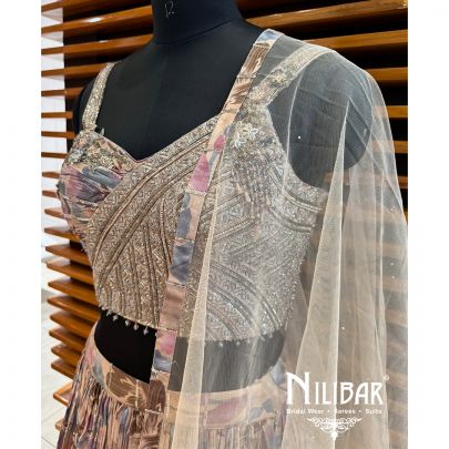 Sand Brown Chinon Printed Lehenga