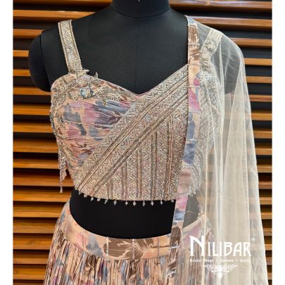 Sand Brown Chinon Printed Lehenga