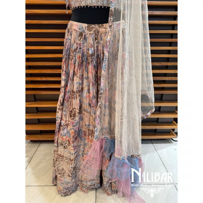Sand Brown Chinon Printed Lehenga