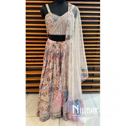 Sand Brown Chinon Printed Lehenga
