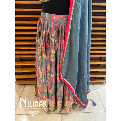 Grey Chinon Printed Lehenga