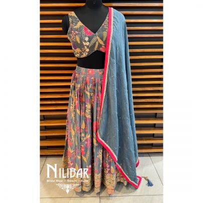 Grey Chinon Printed Lehenga