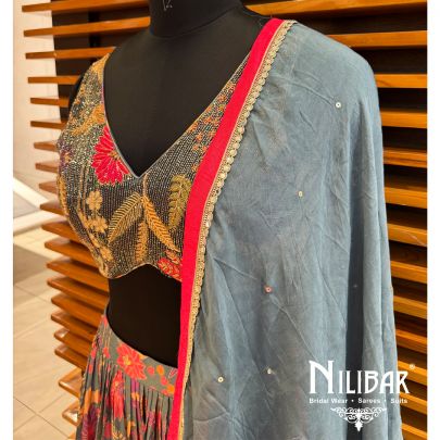 Grey Chinon Printed Lehenga