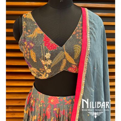 Grey Chinon Printed Lehenga