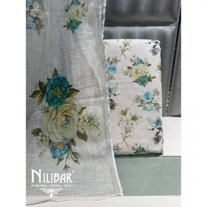 White Linen Floral Printed Unstitched Suit